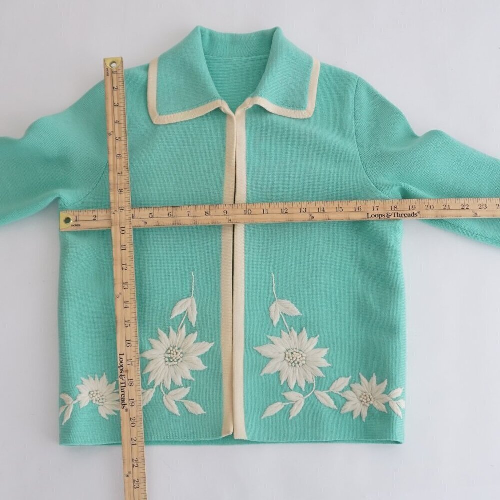 Vintage Teal w White Embroidered Floral Open Front Cardigan Sweater S - Picture 4 of 11